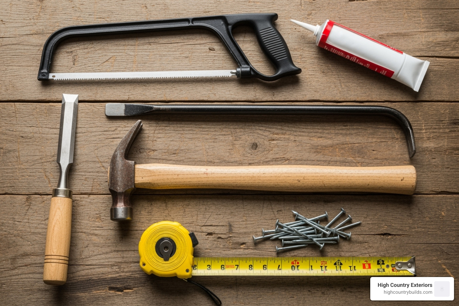 Essential tools for wood shake repair including a hammer, sharp chisel, hacksaw, measuring tape, galvanized roofing nails, pry bar, and a tube of caulking compound - Wood shake repair