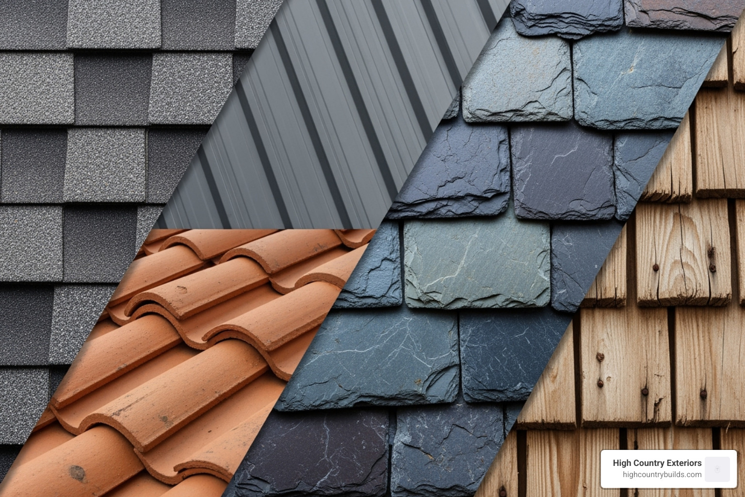 Collage of various steep slope roofing materials including asphalt shingles, metal panels, clay tiles, slate, and wood shakes, showcasing their diverse textures and colors - Steep slope roofing Collage of various steep slope roofing materials including asphalt shingles, metal panels, clay tiles, slate, and wood shakes, showcasing their diverse textures and colors - Steep slope roofing