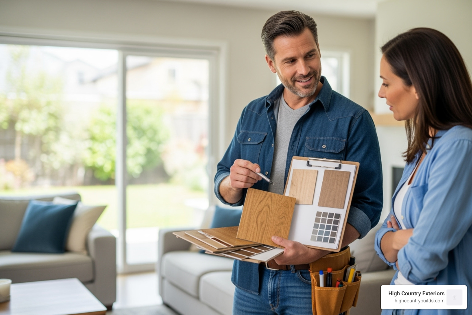 A contractor showing a homeowner a material sample on a clipboard - metal roofing installation contractors A contractor showing a homeowner a material sample on a clipboard - metal roofing installation contractors