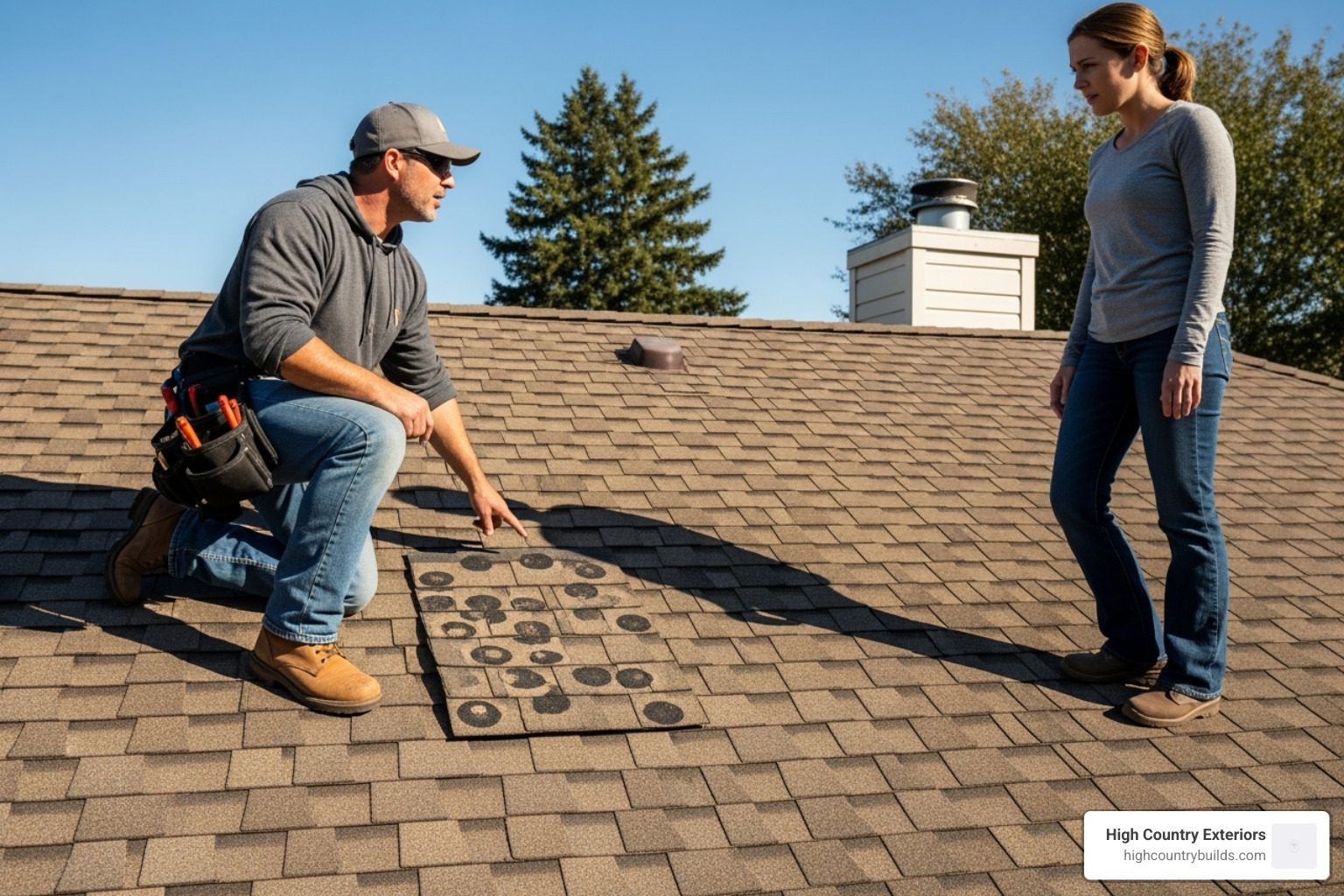 Roofer pointing out granule loss on a shingle to a homeowner - roof inspections near me
