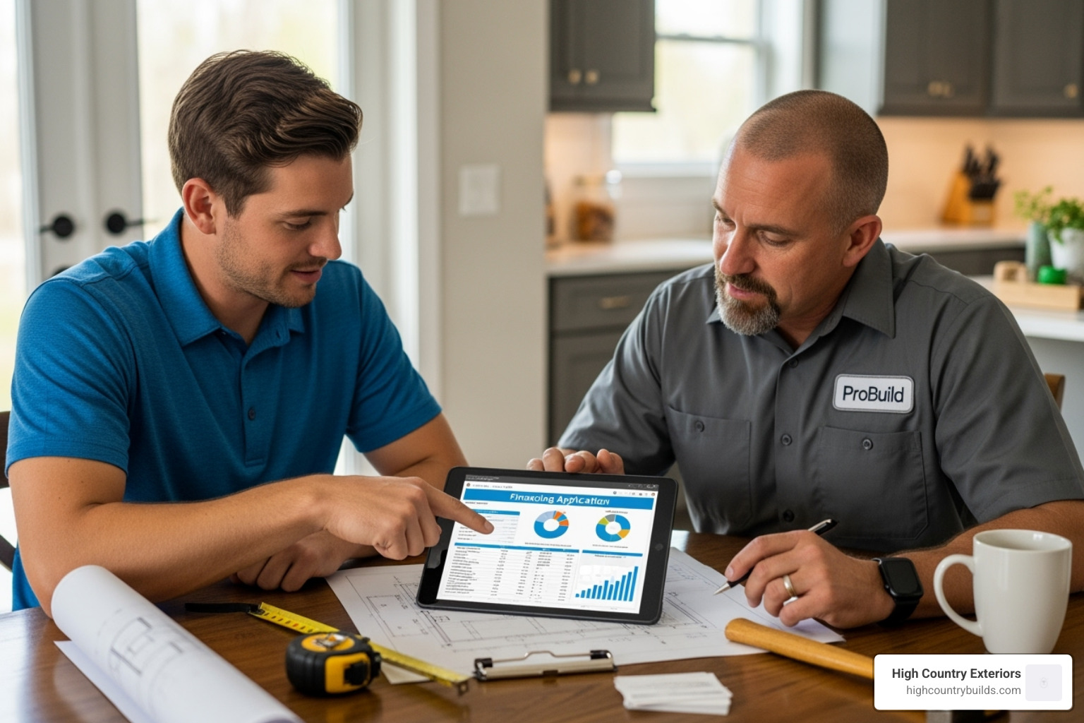 A homeowner and contractor reviewing financing documents on a tablet, with a blueprint and construction tools on the table - Roofing financing options A homeowner and contractor reviewing financing documents on a tablet, with a blueprint and construction tools on the table - Roofing financing options