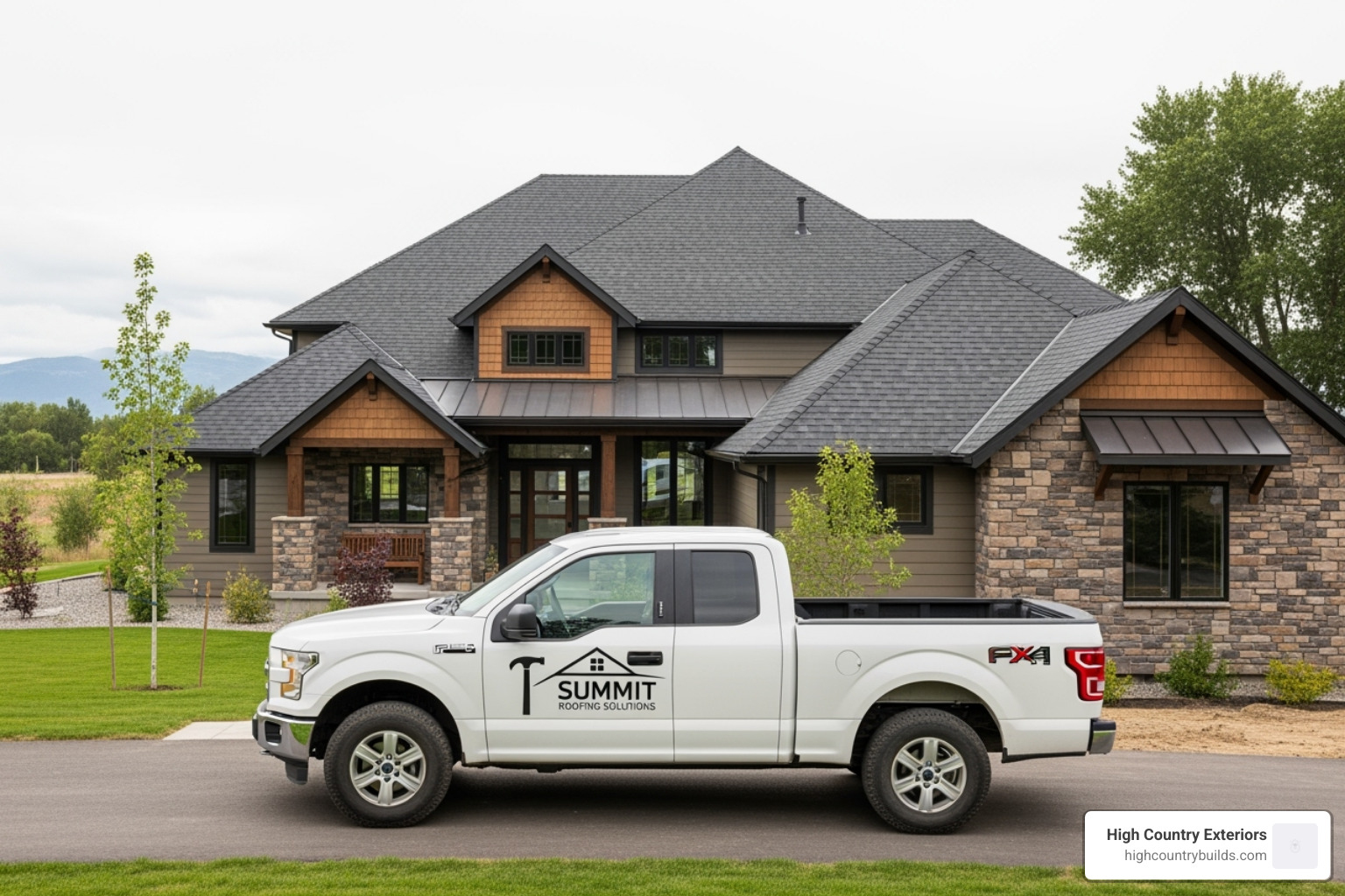 High Country Exteriors branded truck in front of a beautifully completed roofing project in Idaho - Steep slope roofing High Country Exteriors branded truck in front of a beautifully completed roofing project in Idaho - Steep slope roofing