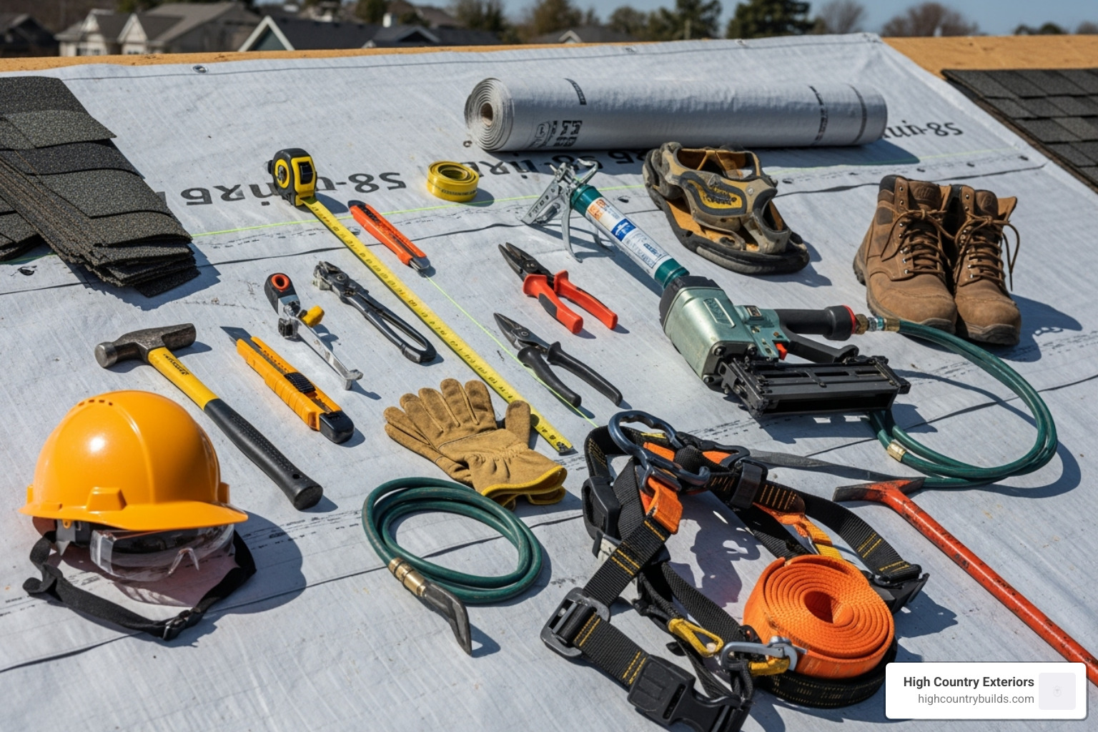 Essential roofing tools and safety gear laid out neatly - Asphalt shingle replacement