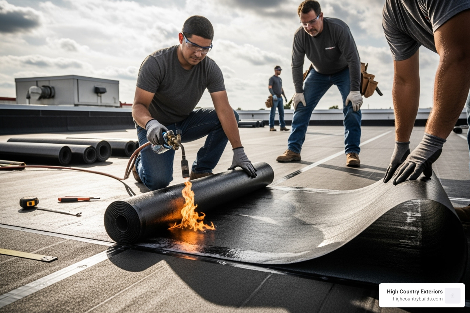 Roofing professionals installing a modified bitumen roof using the torch-applied method - modified bitumen systems