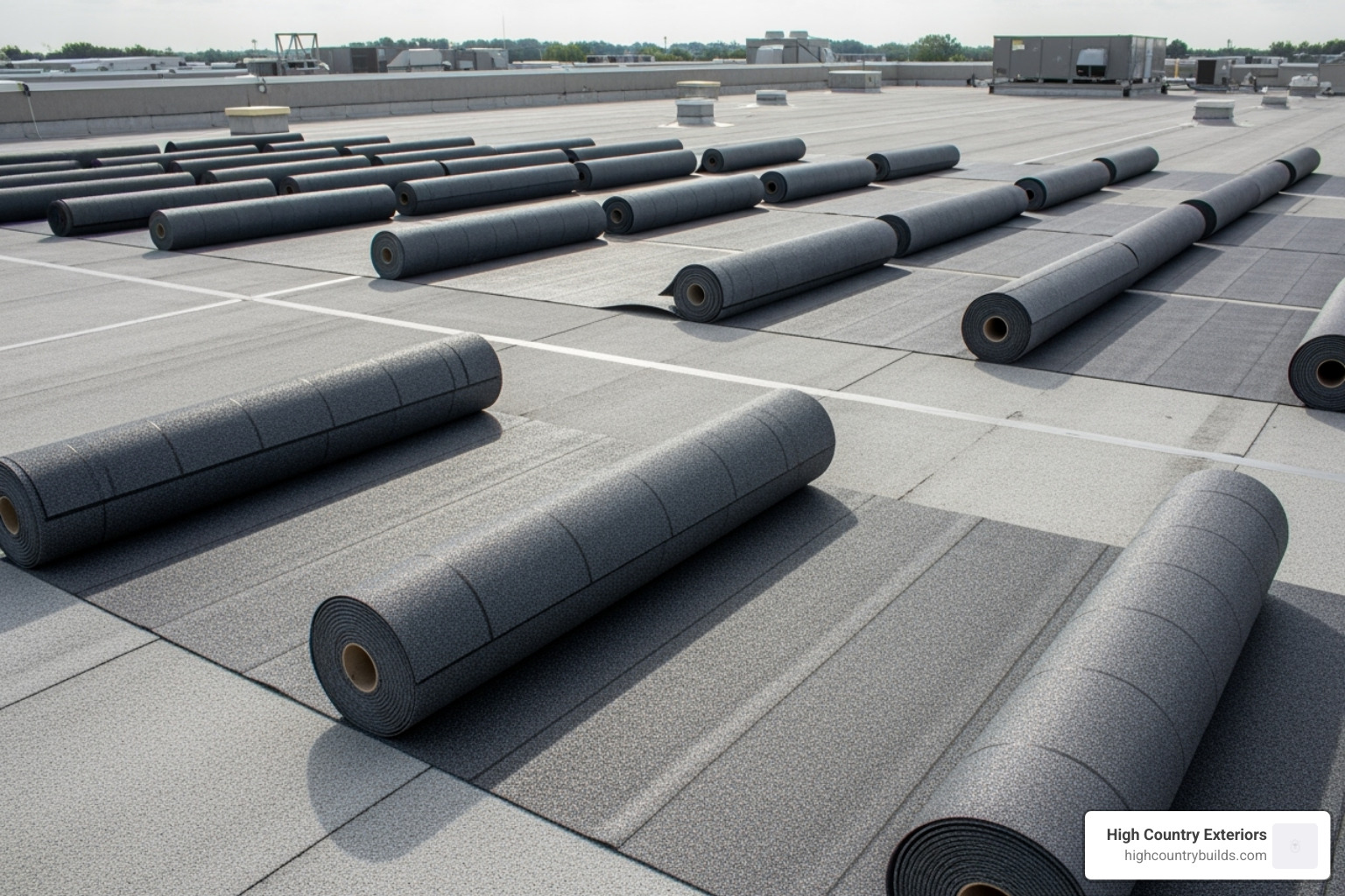 Rolls of modified bitumen membrane waiting to be installed on a low-slope roof - modified bitumen systems
