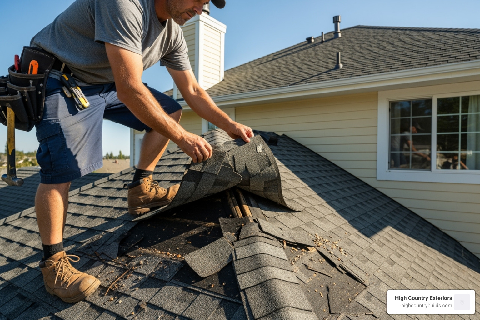 roofer inspecting a damaged shingle - roof repair twin falls idaho