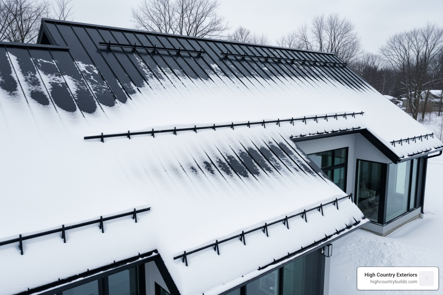 metal roof with snow and snow guards - black metal roofing
