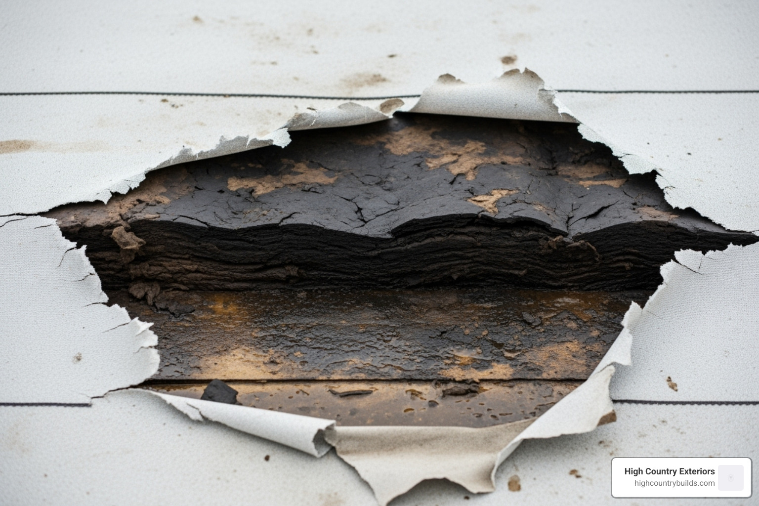 Image showing water-damaged insulation under a torn TPO membrane - tpo roofing hail damage