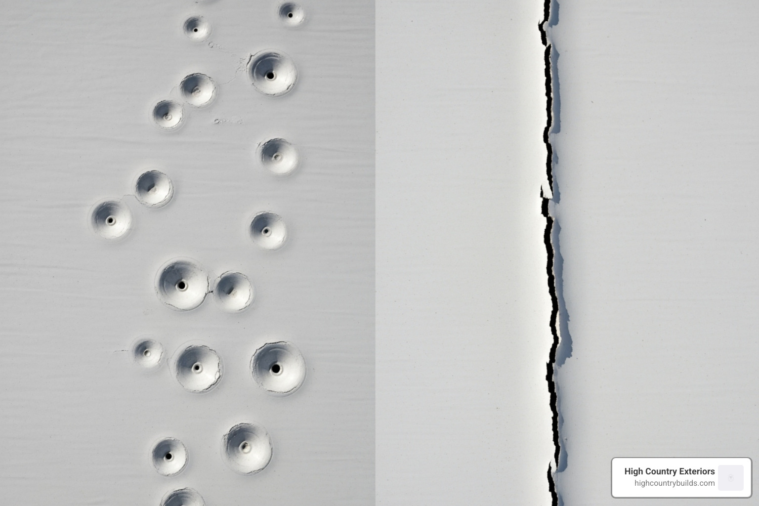 Image comparing circular hail impact vs. a linear UV split - tpo roofing hail damage