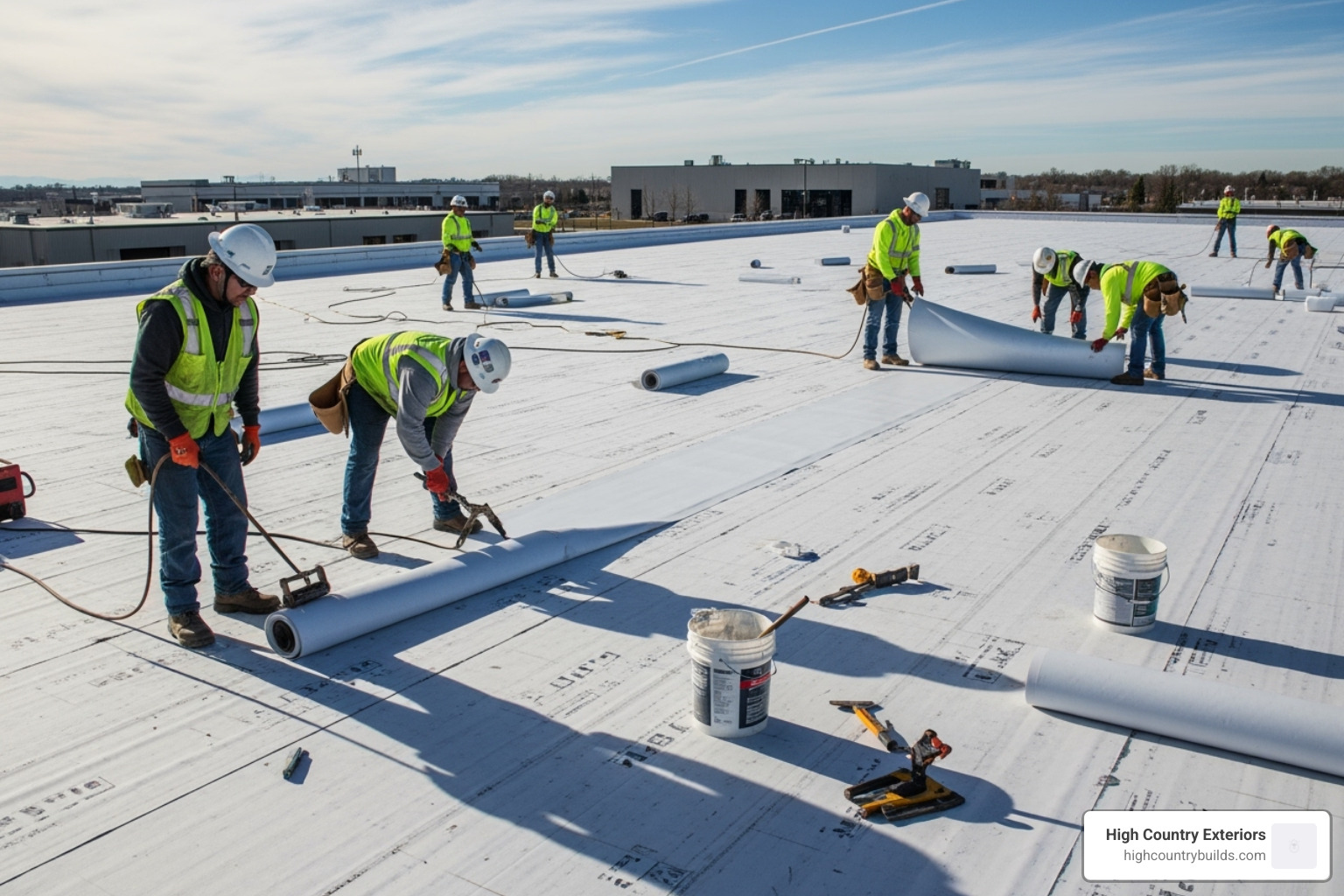 Professional roofing crew installing a TPO membrane - flat roof systems for commercial buildings