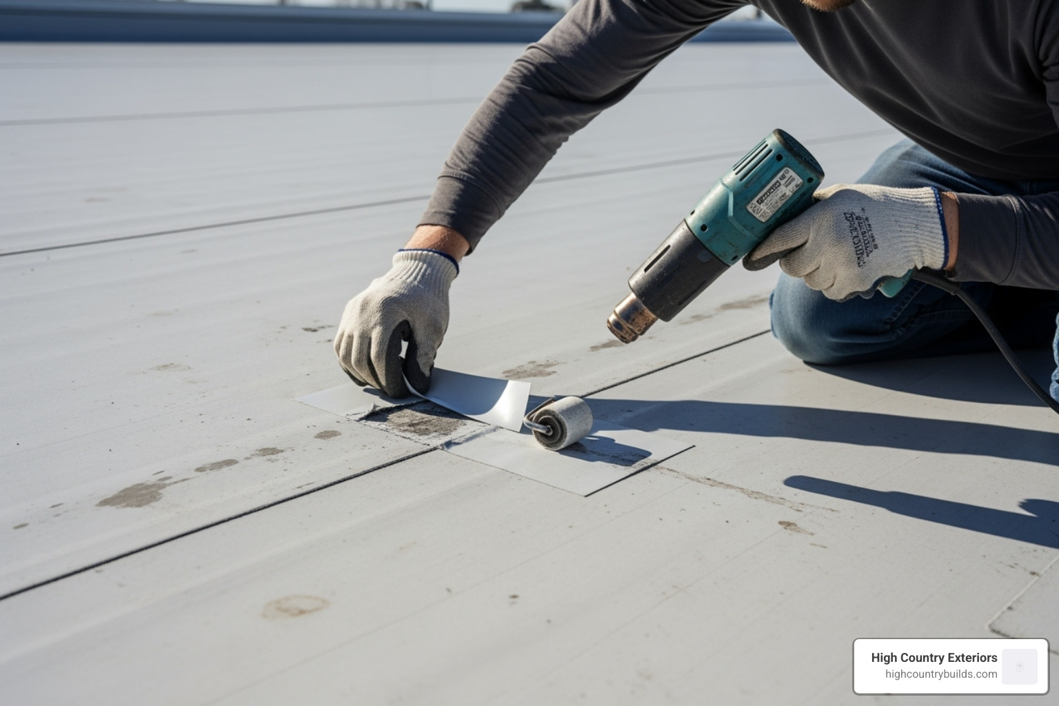 A skilled roofer in protective gear carefully applying a patch to a damaged TPO commercial roof, ensuring a watertight seal. - commercial roof repair services