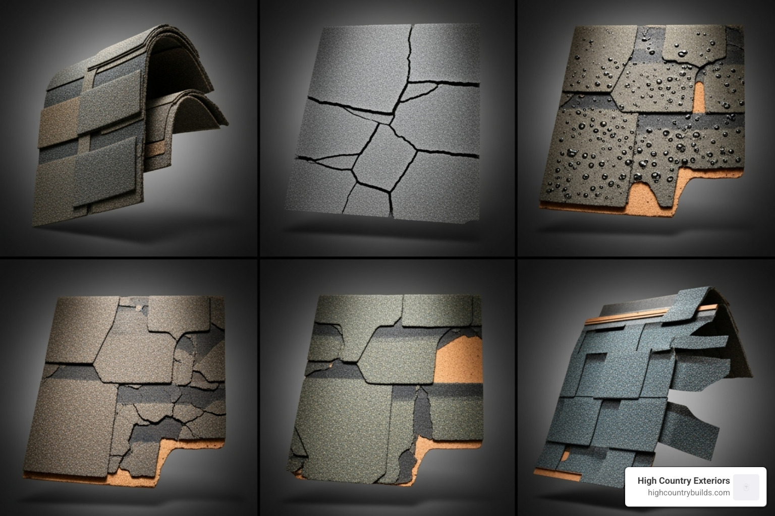 gallery showing close-ups of different types of shingle damage. - Damaged shingle replacement