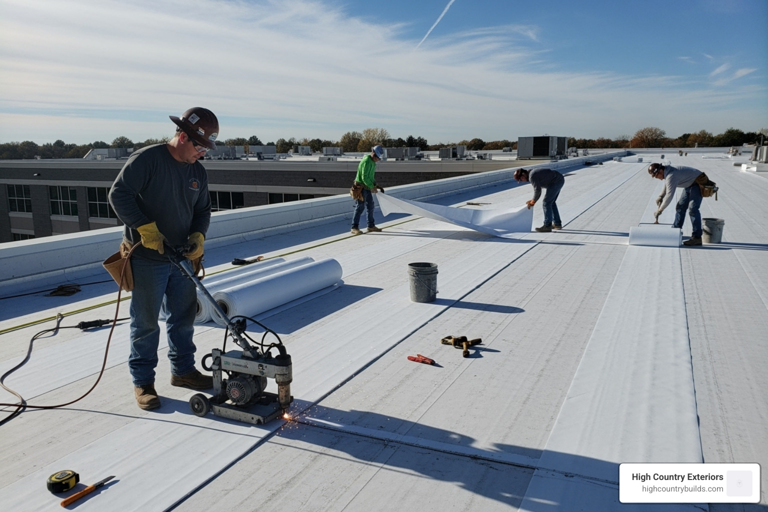 Roll of TPO membrane being installed - Commercial roof solutions