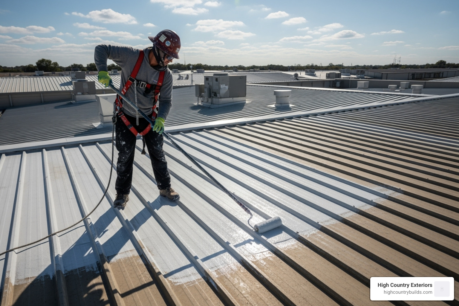 Roofer in safety gear applying a reflective coating to a commercial metal roof - metal roof restoration near me