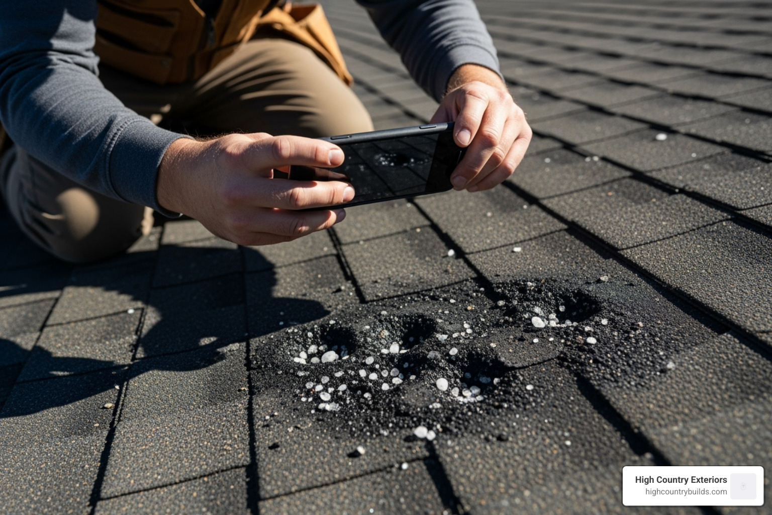 person taking photo of hail damage on roof shingle - Roofing insurance claims