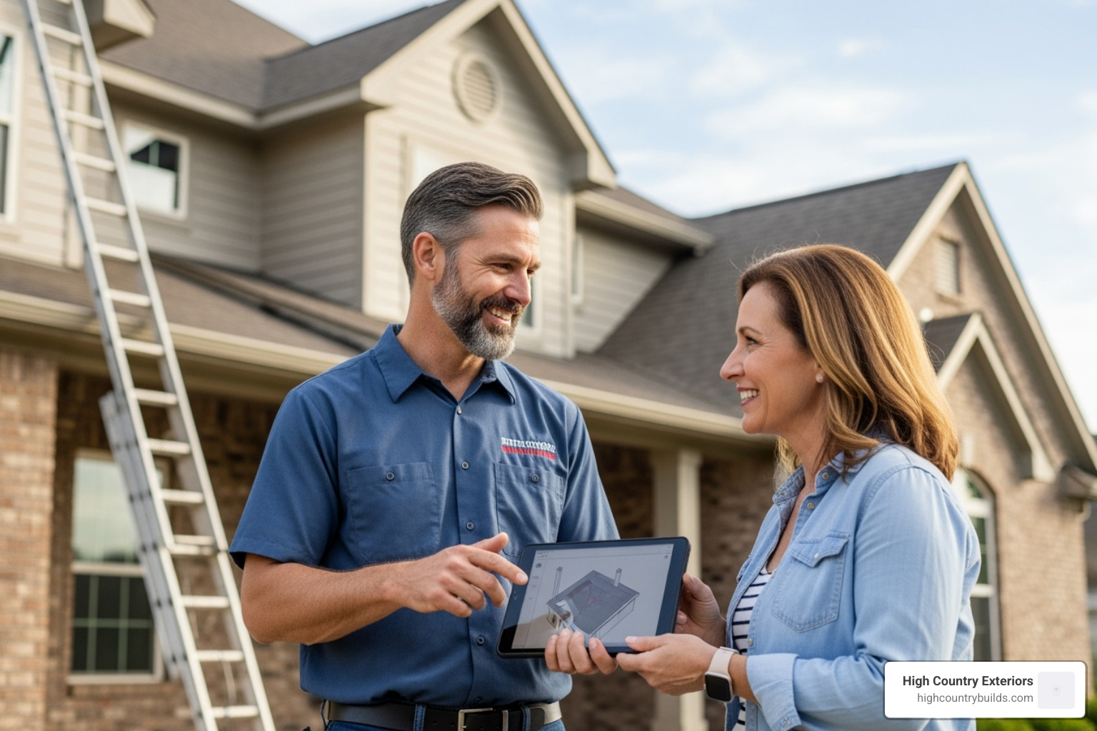 Friendly, professional roofing contractor discussing a project with a homeowner - metal roof restoration near me