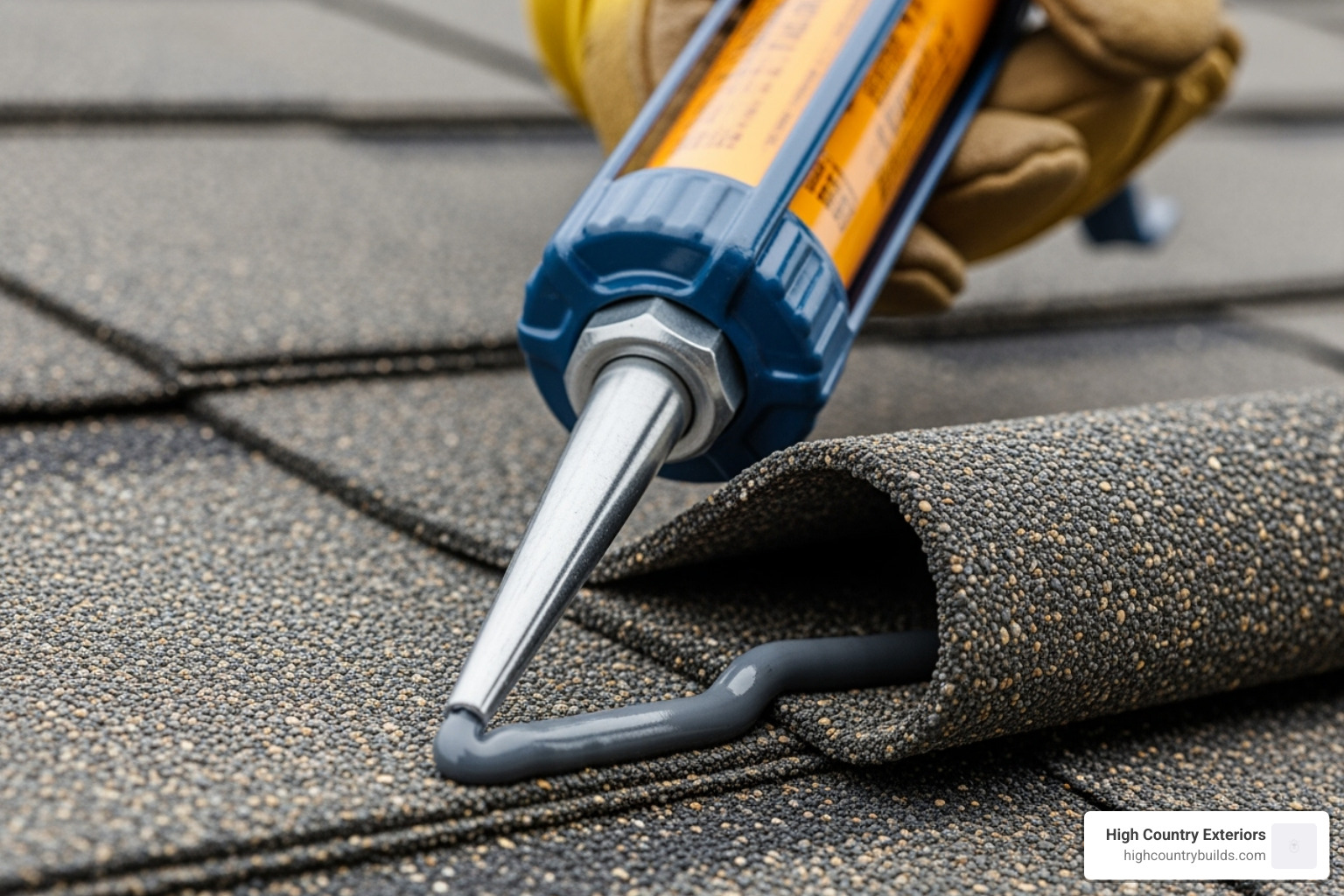of a hand applying roofing sealant to a slightly curled shingle. - Damaged shingle replacement