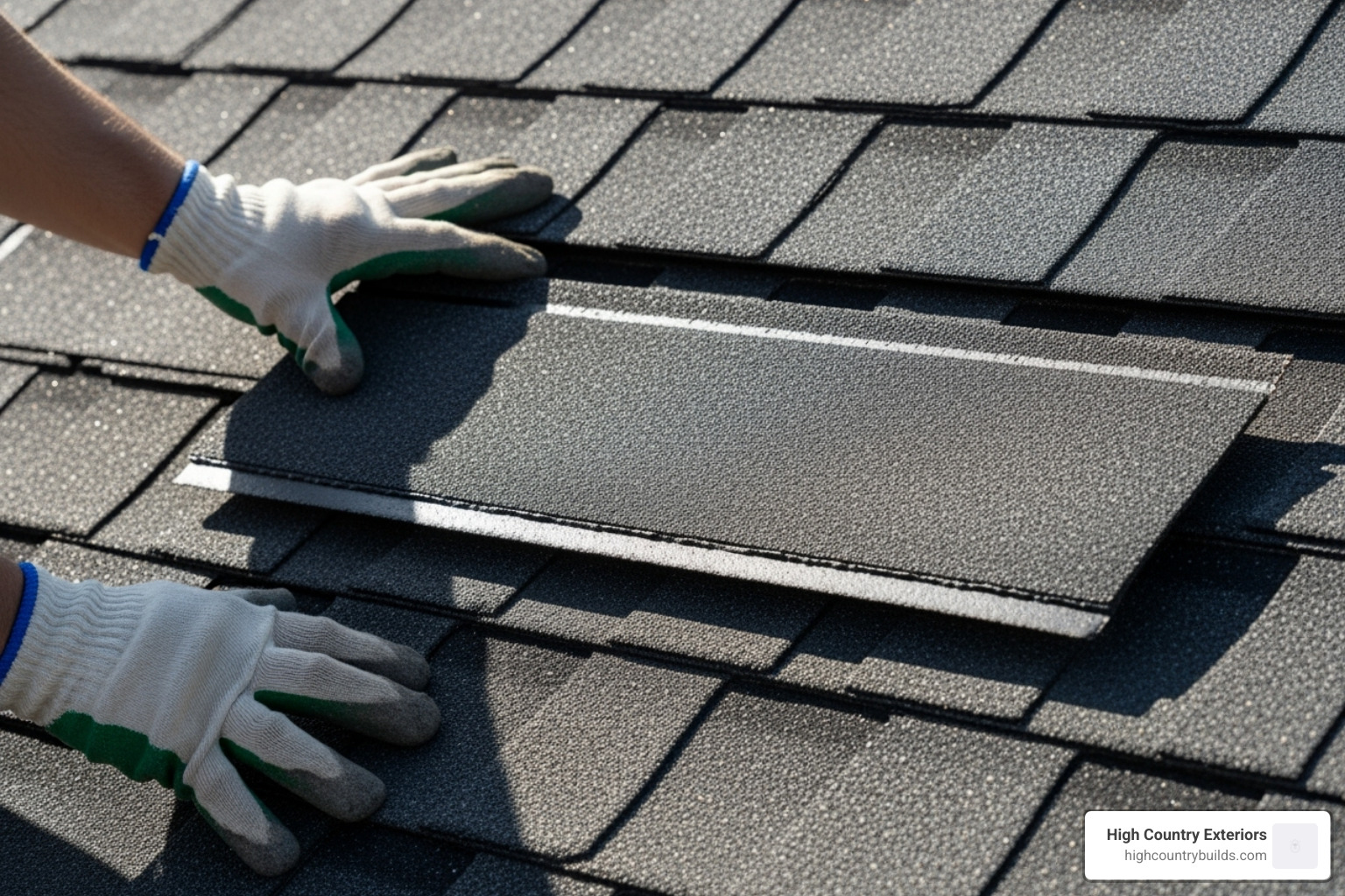 showing the process of sliding a new shingle into place. - Damaged shingle replacement