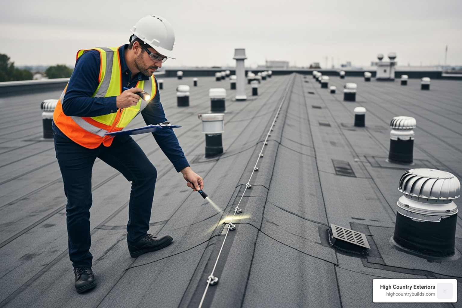 A professional wearing safety gear and a hard hat conducting a thorough commercial roof inspection with a clipboard and flashlight, checking seams and drainage on a large flat roof. - commercial roof repair services