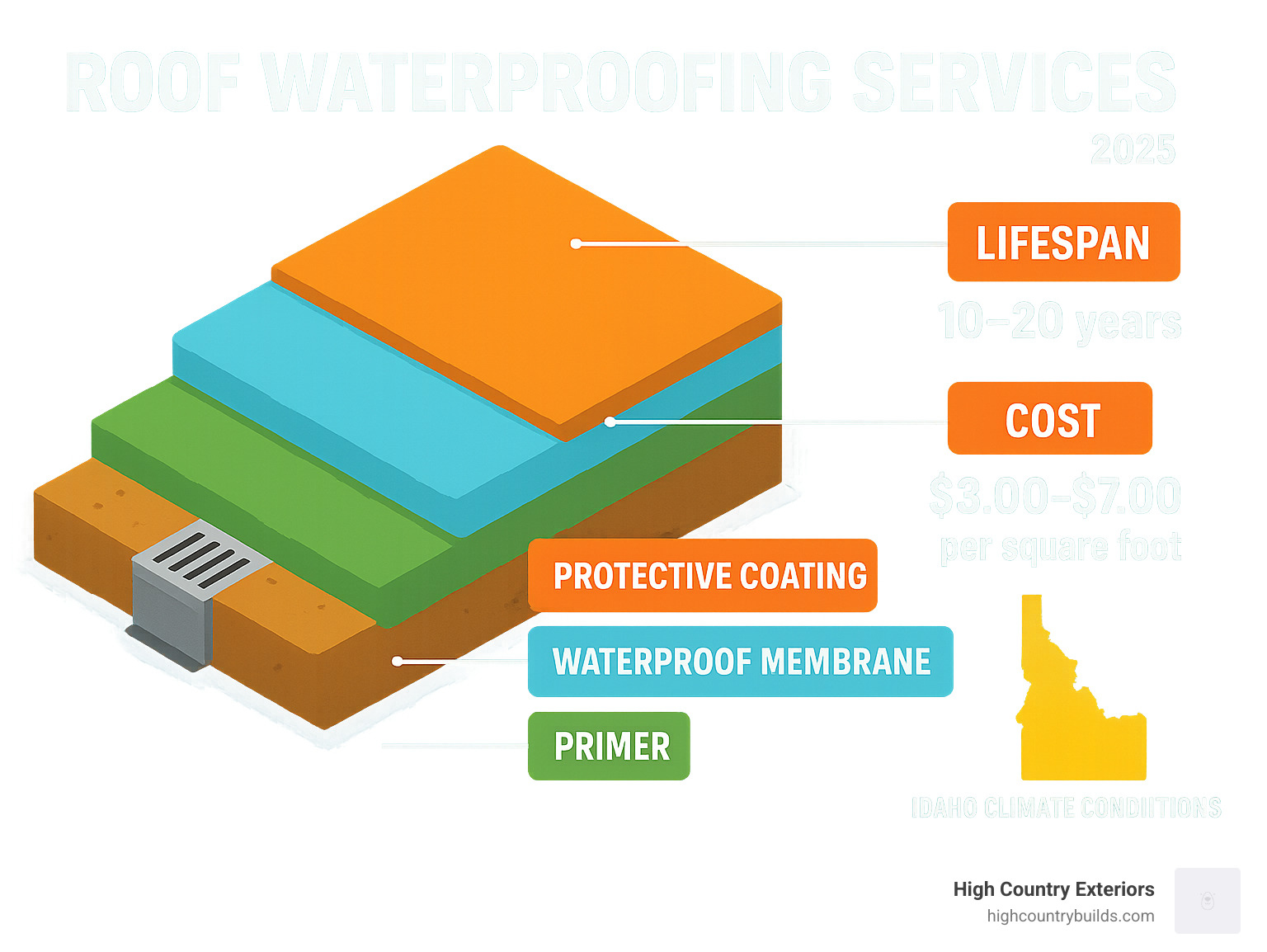 Detailed infographic showing the layers of a professional waterproofed roof system including substrate, primer, waterproof membrane, protective coating, and drainage components with lifespan and cost information for Idaho climate conditions - Roof waterproofing services infographic Detailed infographic showing the layers of a professional waterproofed roof system including substrate, primer, waterproof membrane, protective coating, and drainage components with lifespan and cost information for Idaho climate conditions - Roof waterproofing services infographic