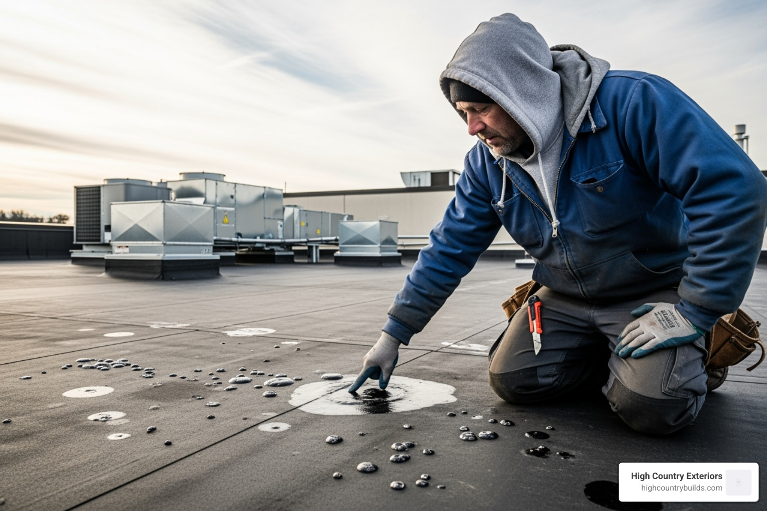 roofer inspecting commercial roof with blistering - commercial roof damage