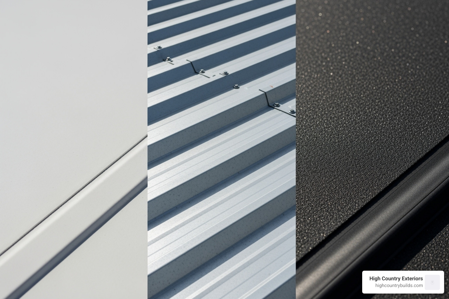 A side-by-side comparison of different commercial roofing materials: a smooth white TPO membrane, corrugated metal roofing panels, and a dark EPDM rubber membrane. - commercial roof repair services