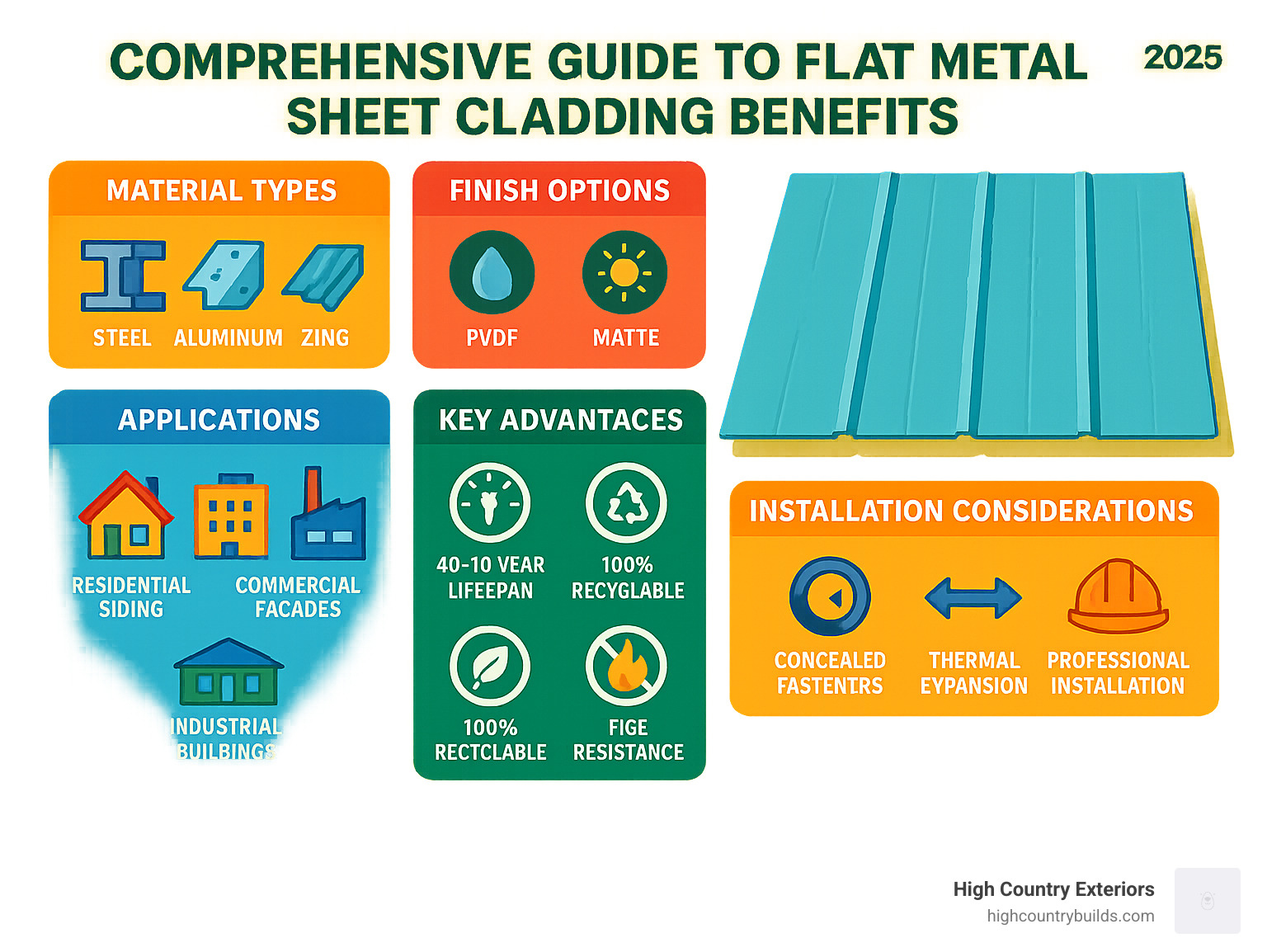 Comprehensive guide to flat metal sheet cladding benefits including material types (steel, aluminum, zinc), finish options (PVDF, SMP, matte), applications (residential siding, commercial facades, industrial buildings), key advantages (40-70 year lifespan, weather resistance, 100% recyclable, fire resistance), and installation considerations (concealed fasteners, thermal expansion, professional installation requirements) - flat metal sheet cladding infographic 