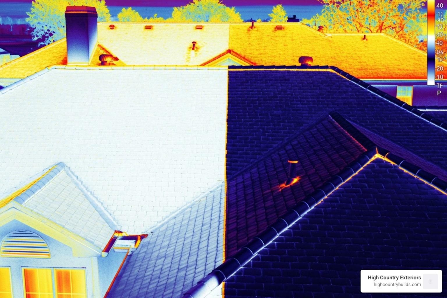 Thermal camera view of a light vs. dark roof, showing temperature differences - energy efficient roofs for residential