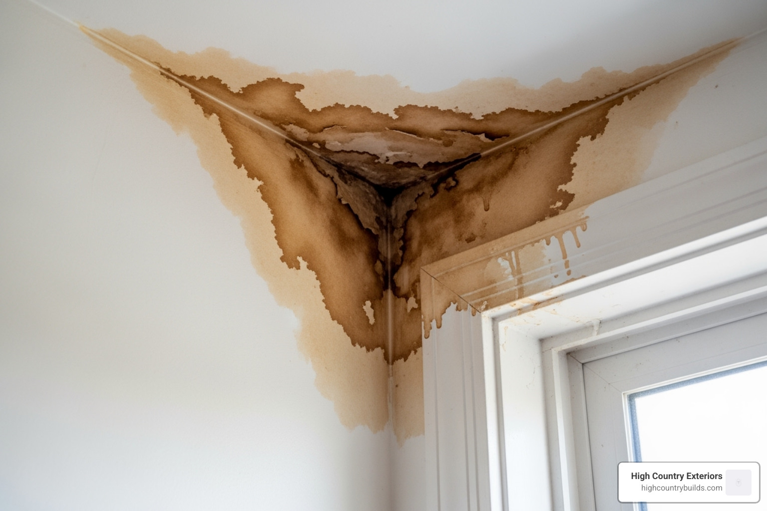 water stains on an interior ceiling near a window - Roof flashing repair