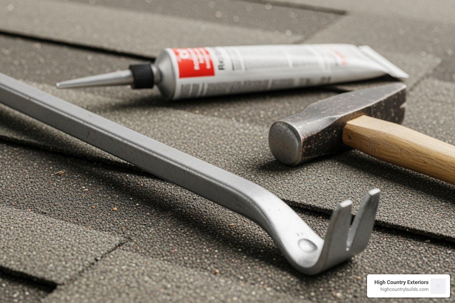 essential tools for flashing repair like a pry bar, roofing cement, and hammer - Roof flashing repair