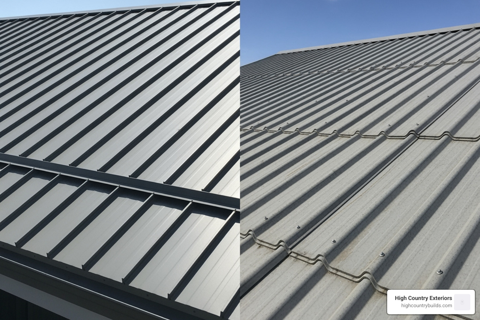 side-by-side comparison of a standing seam roof and a corrugated roof - residential sheet metal roofing