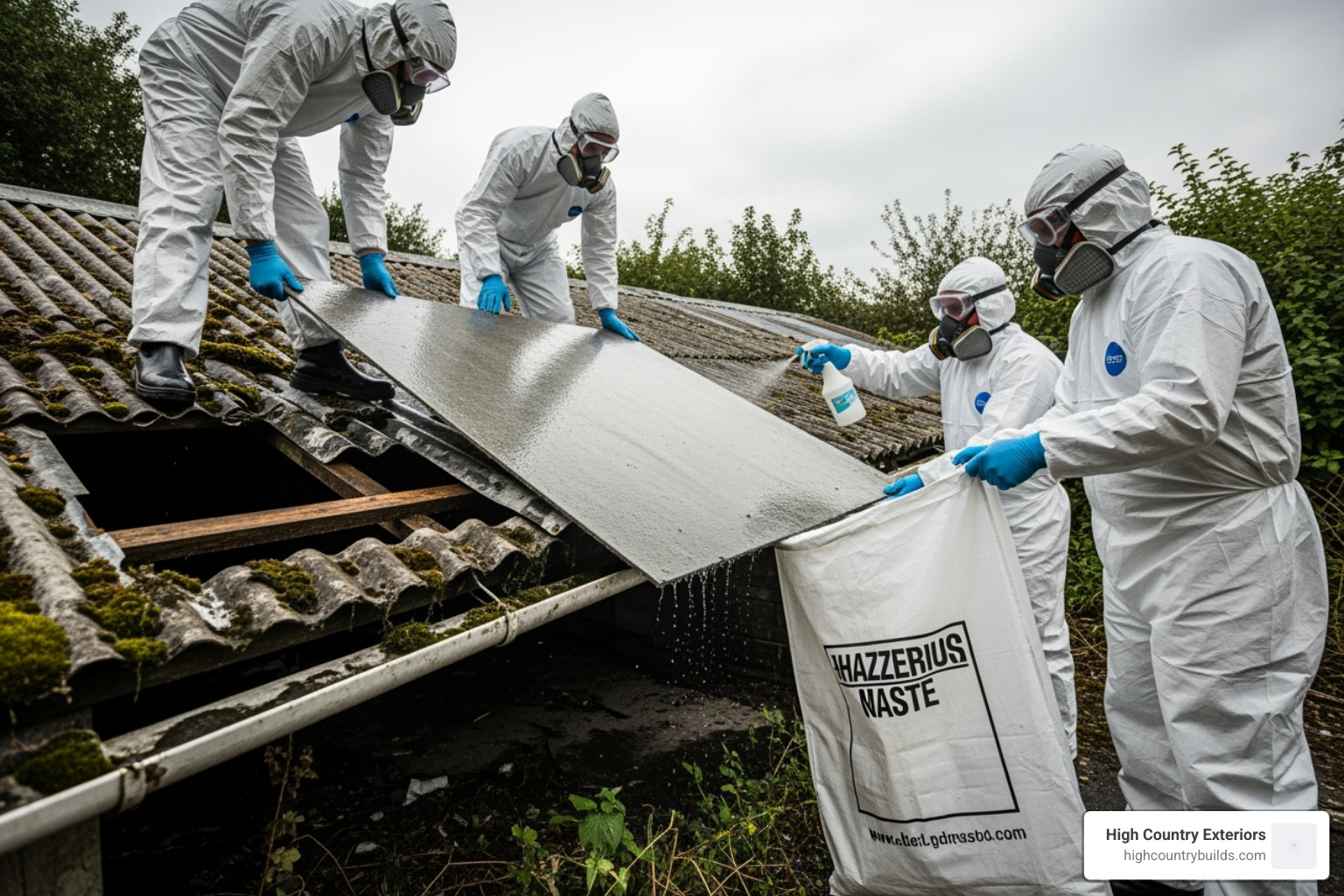 certified professionals in full PPE gear carefully handling an asbestos sheet - asbestos garage roof replacement