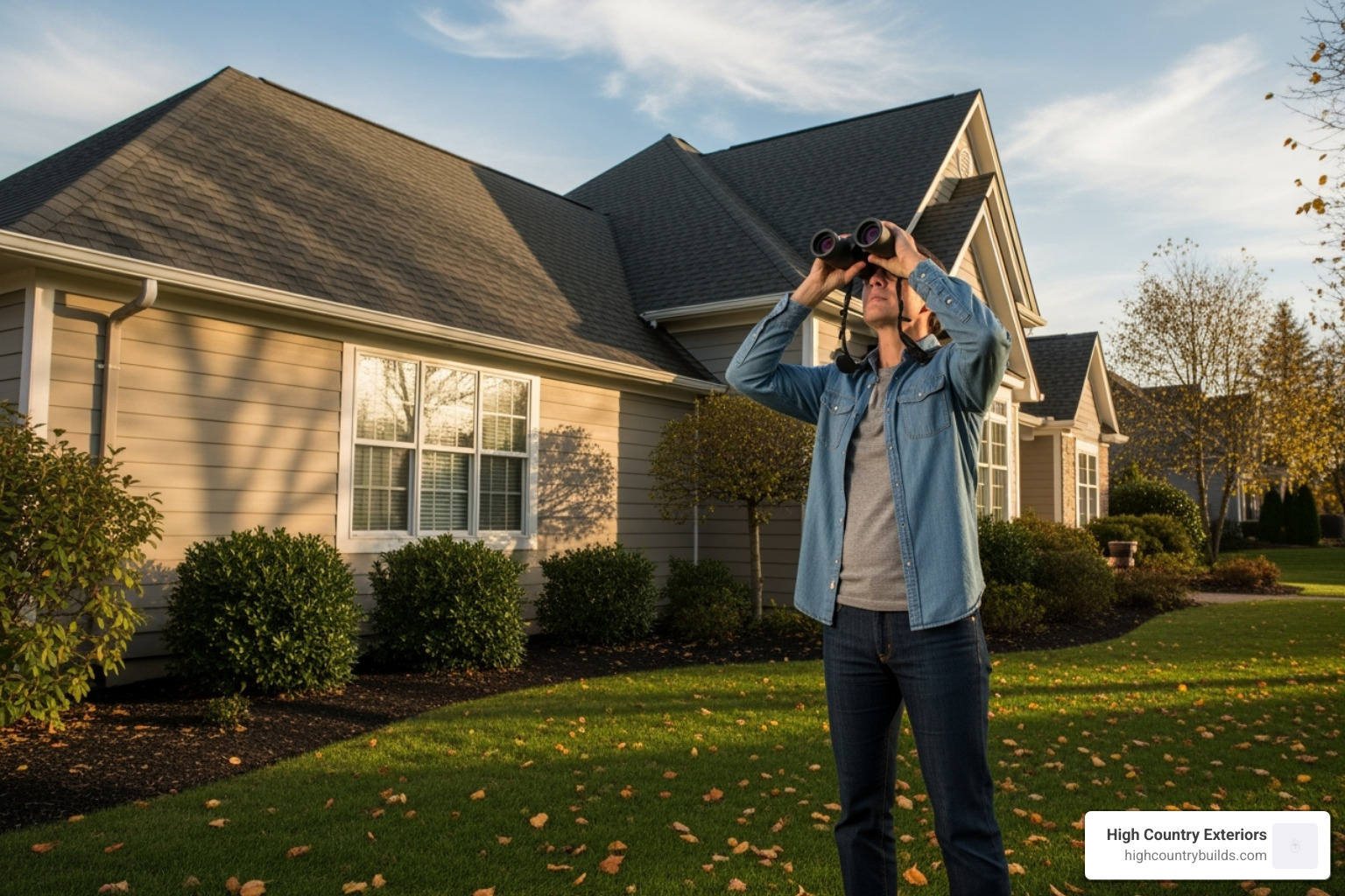homeowner inspecting their roof with binoculars from the ground - residential roofing