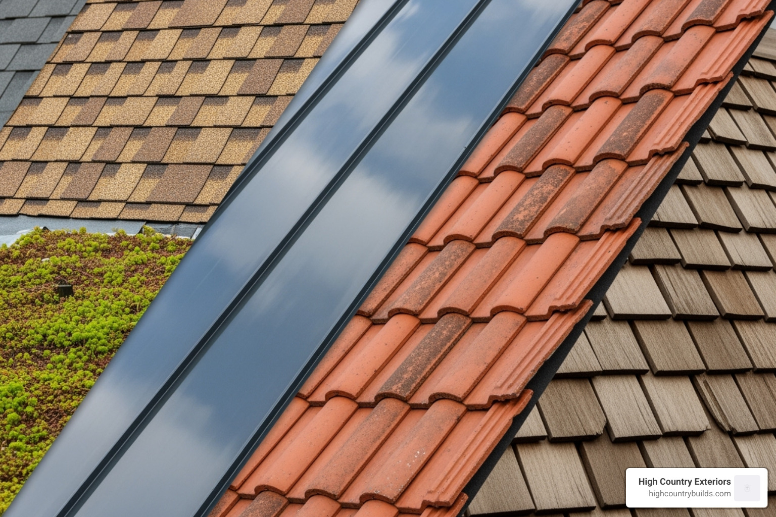 collage showcasing different roofing materials like asphalt shingles, metal panels, and tiles - residential roofing