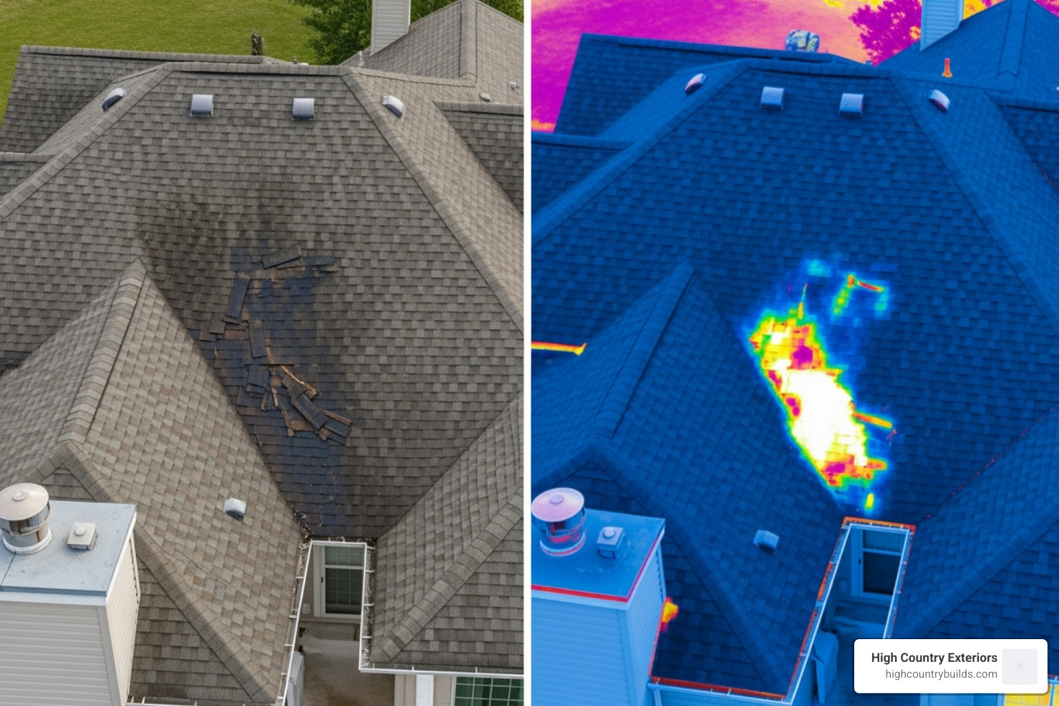 showing a side-by-side comparison of a regular photo and a thermal image of a roof leak - roof inspections with a drone