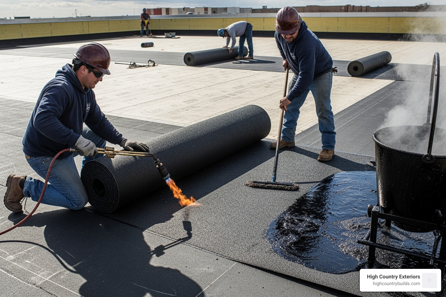 A modified bitumen roof being installed - Low slope roofing