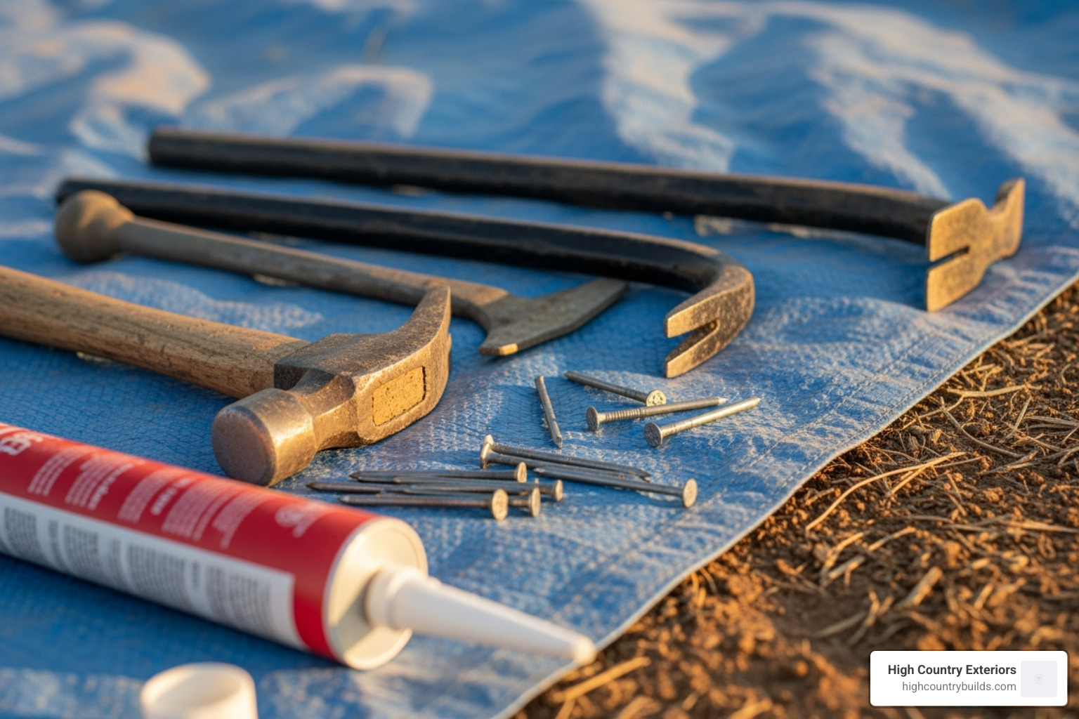 of all the necessary tools and materials laid out on a tarp, including a hammer, pry bar, roofing nails, and sealant. - Damaged shingle replacement