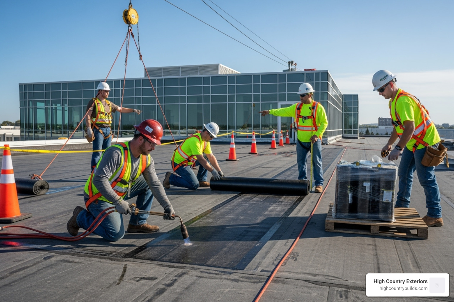 Professional roofing crew working safely on a commercial roof - local commercial roofing services