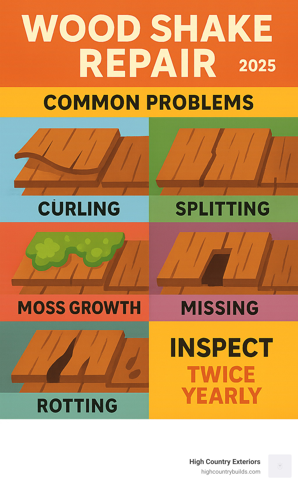 Infographic showing common wood shake problems including curling shakes with lifted edges, split shakes with visible cracks, moss growth between shakes appearing as green patches, missing shakes creating bare spots, and rotting shakes with dark discoloration, along with recommended inspection frequency of twice yearly - Wood shake repair infographic 
