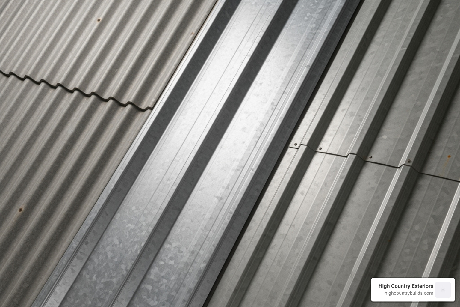 Corrugated, R-panel, and standing seam metal roofing profiles side-by-side - galvalume metal roofing price