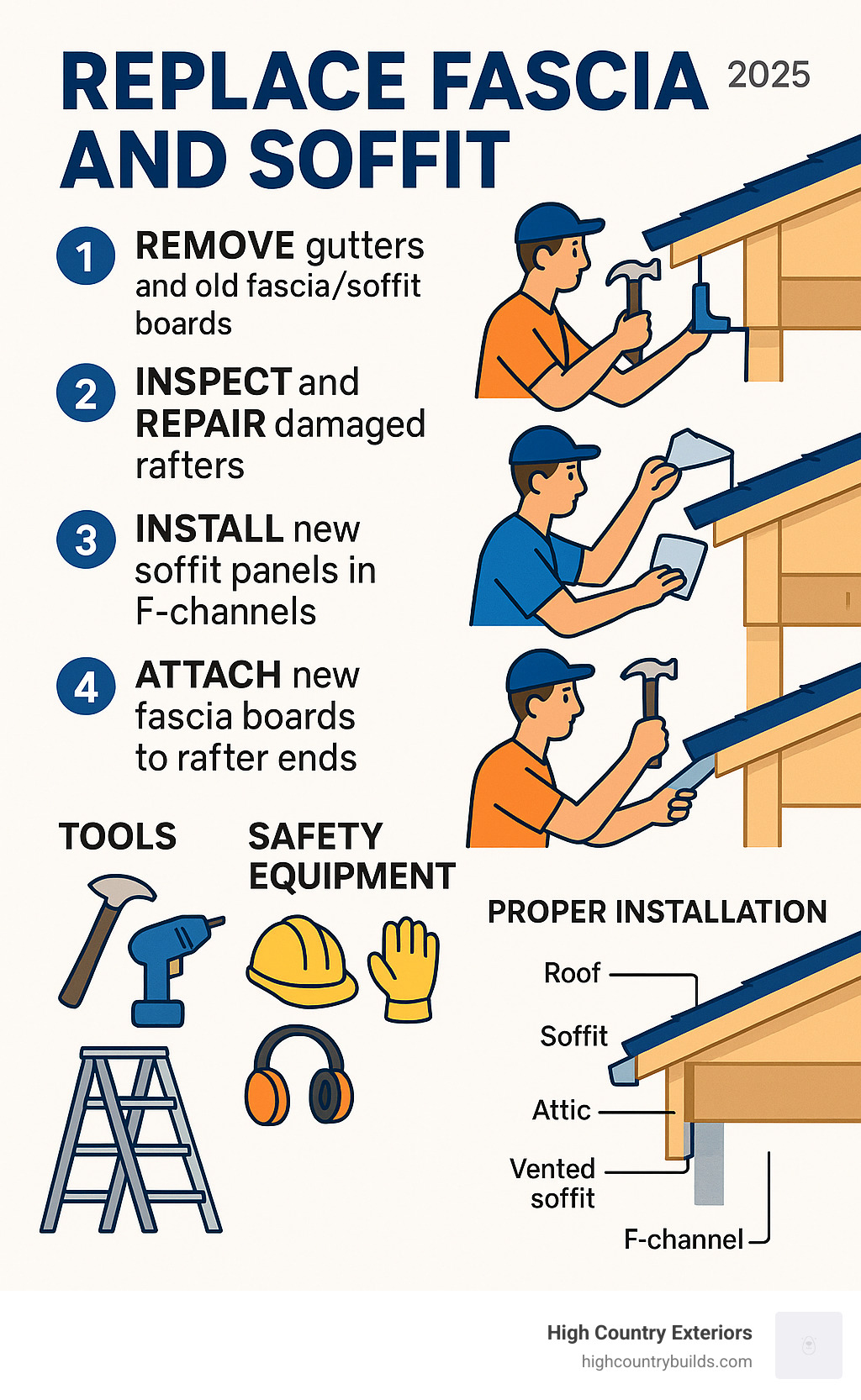 Detailed infographic showing fascia and soffit replacement process with numbered steps, tools needed, safety equipment, and cross-section view of proper installation with F-channels and ventilation - replace fascia and soffit infographic Detailed infographic showing fascia and soffit replacement process with numbered steps, tools needed, safety equipment, and cross-section view of proper installation with F-channels and ventilation - replace fascia and soffit infographic