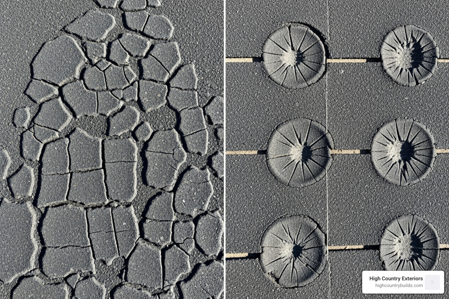 Image showing a side-by-side comparison of alligatoring cracks and hail-induced fractures - hail damage to built up roofing Image showing a side-by-side comparison of alligatoring cracks and hail-induced fractures - hail damage to built up roofing