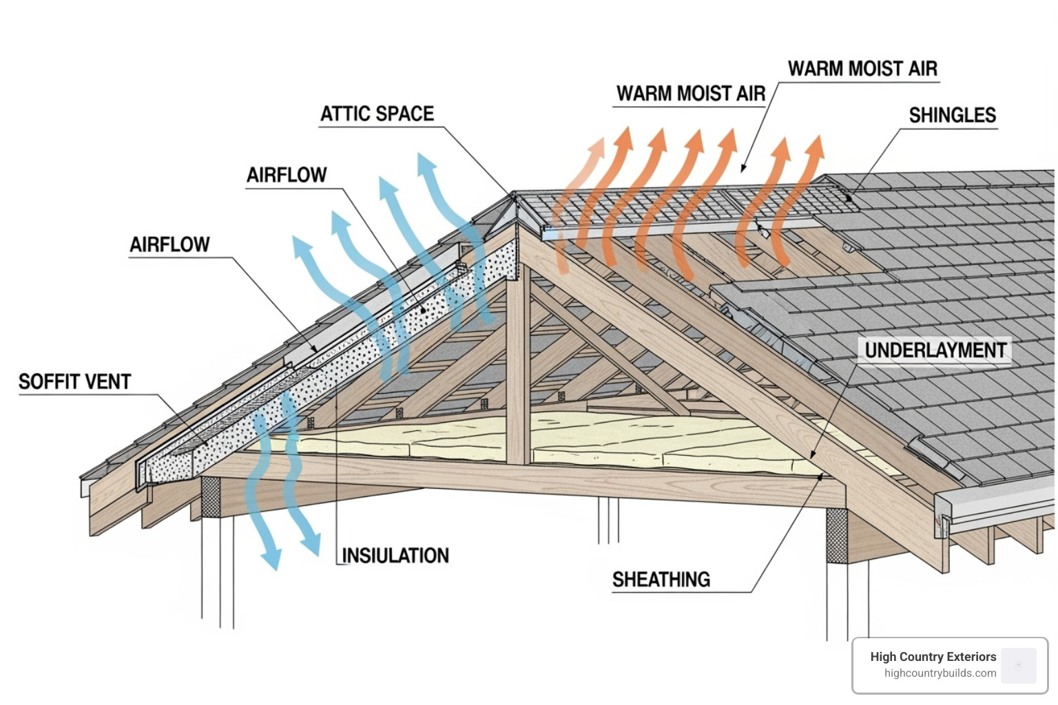 Soffit and ridge vents on a roof cross-section - energy efficient roofs for residential