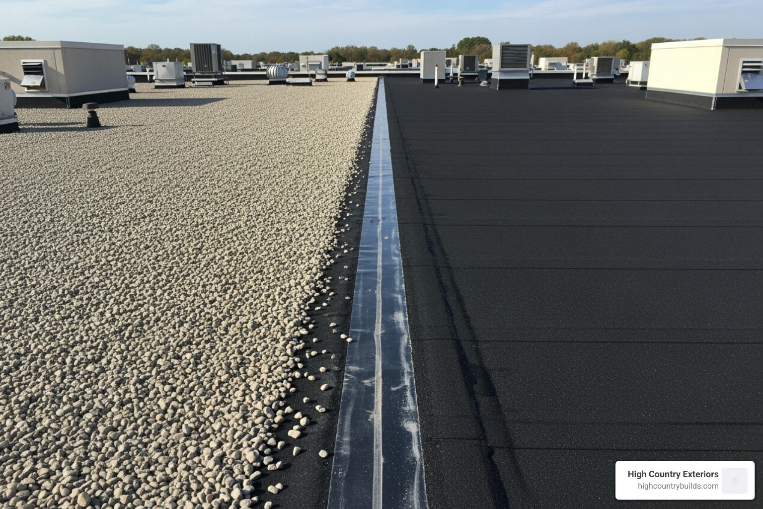 Image comparing a gravel-surfaced BUR to a smooth-surfaced BUR - hail damage to built up roofing Image comparing a gravel-surfaced BUR to a smooth-surfaced BUR - hail damage to built up roofing