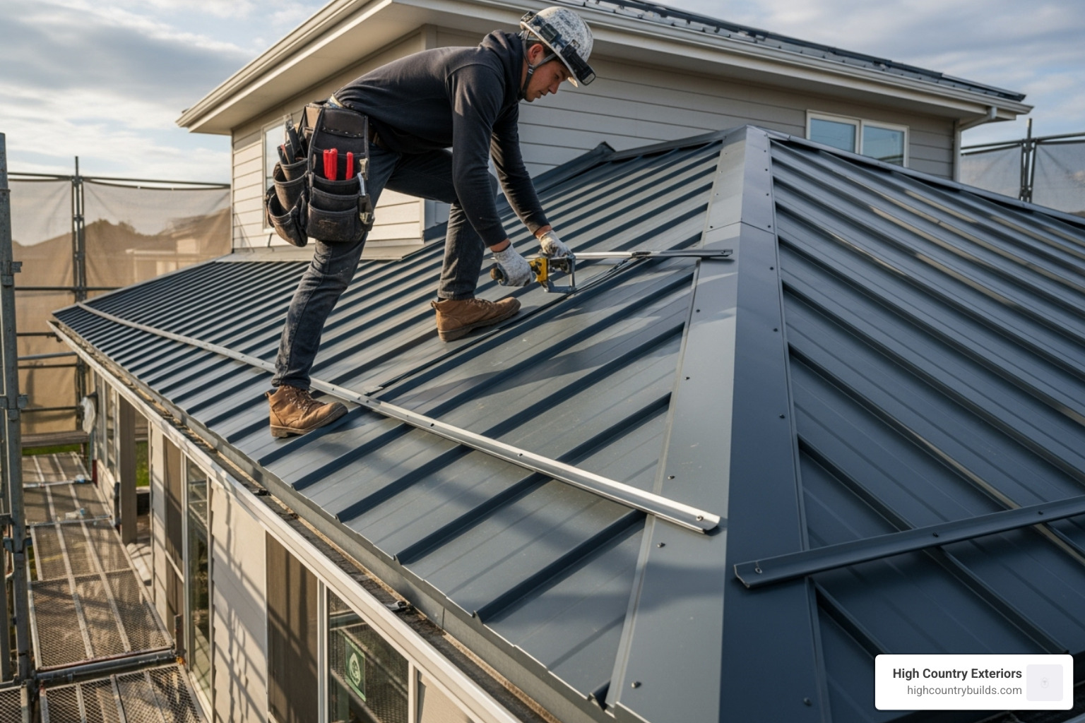 professional installing a standing seam metal roof panel - residential sheet metal roofing