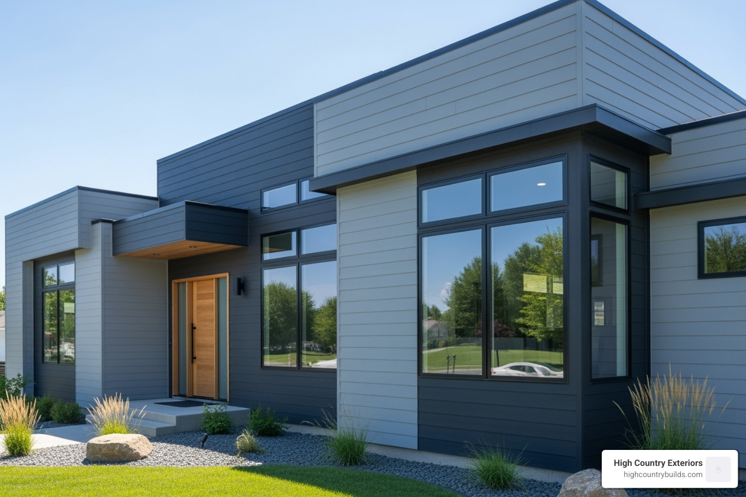 Modern home with new fiber cement siding - asbestos shingle replacement Modern home with new fiber cement siding - asbestos shingle replacement