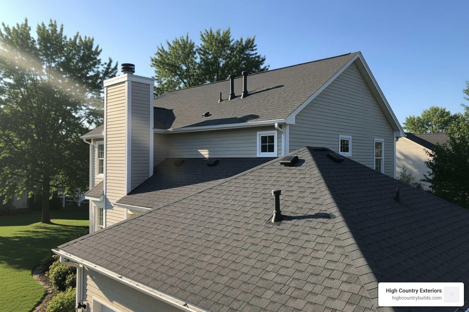 A beautiful, newly completed roof on a sunny day - roofer company