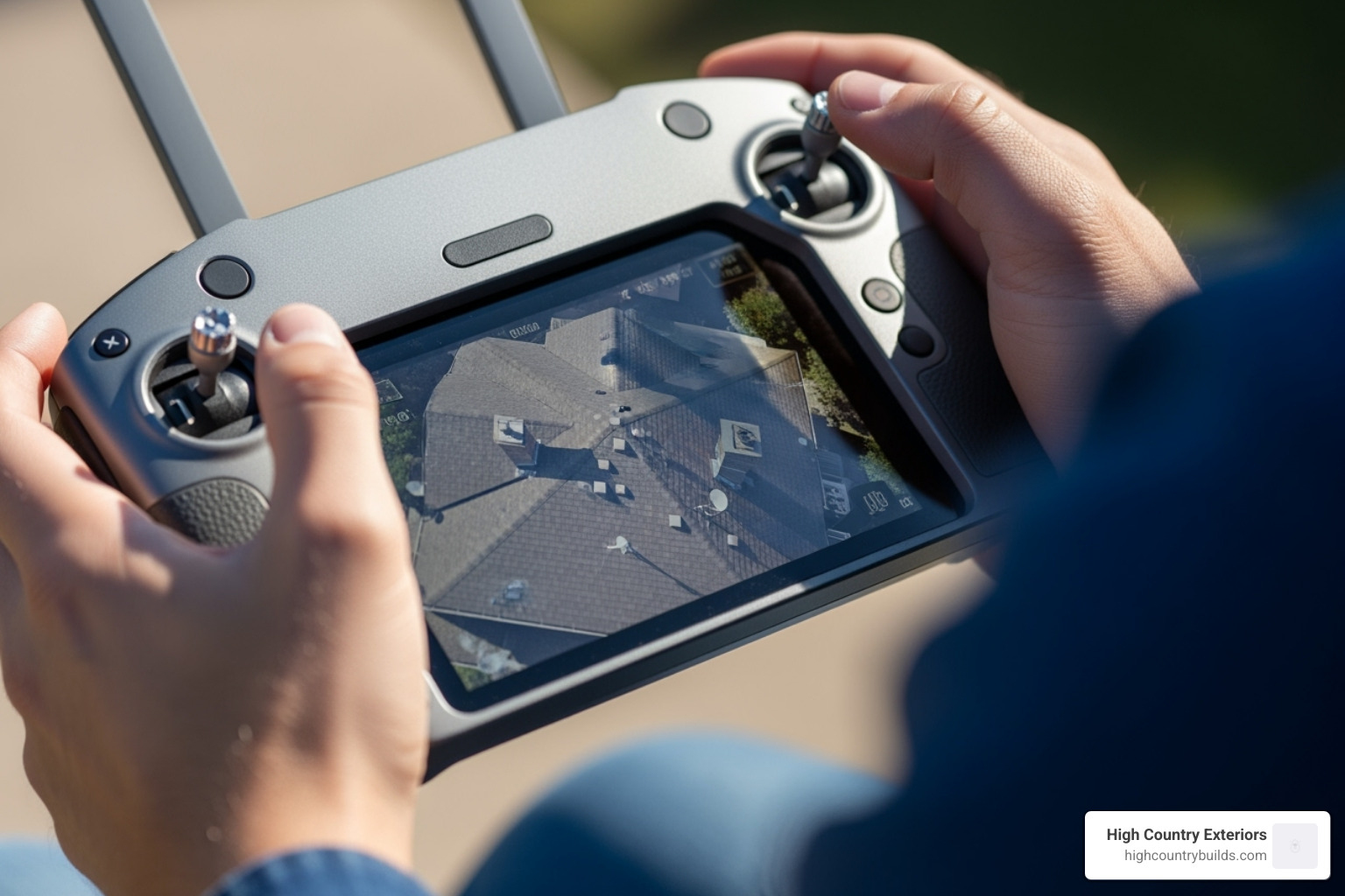 of a drone pilot operating a controller with a roof visible on the screen - roof inspections with a drone