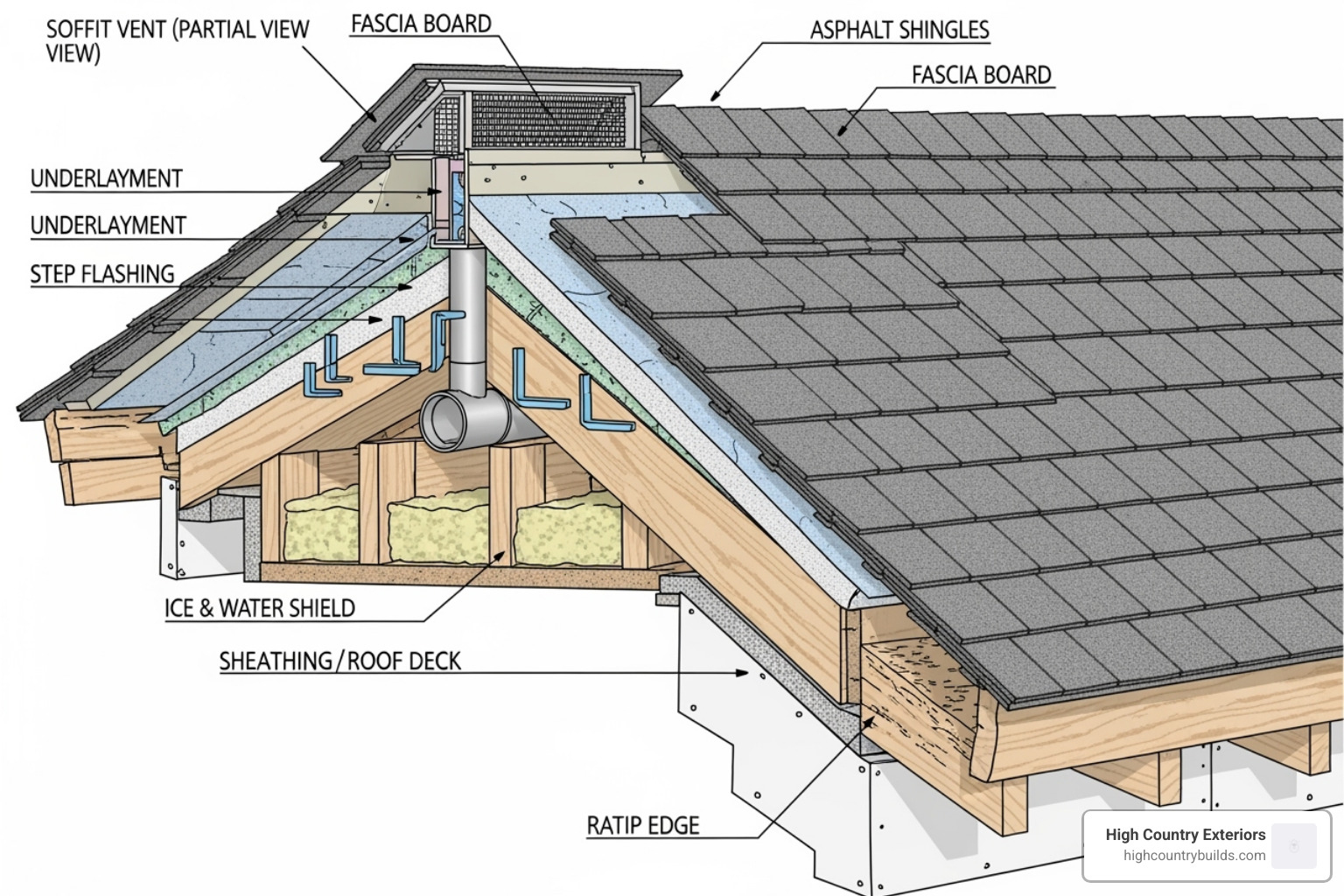 cross-section of a roof showing all layers from deck to shingles - residential roofing