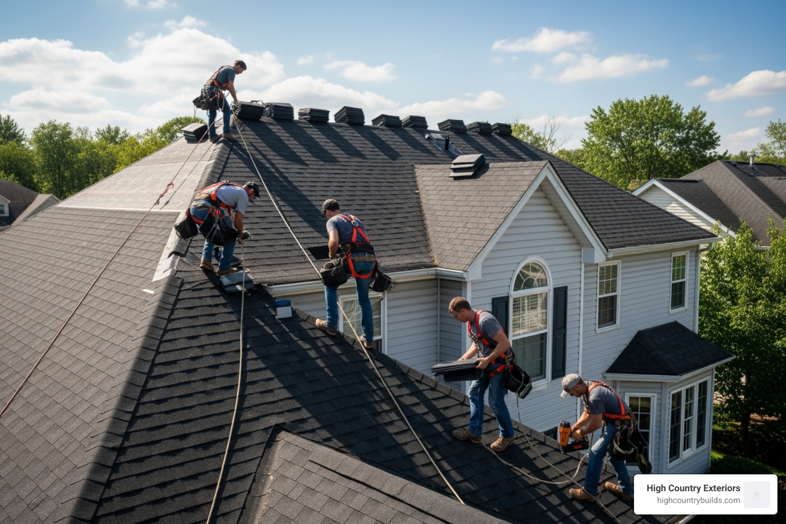 roofers using proper fall protection harnesses on a sloped roof - residential roofing
